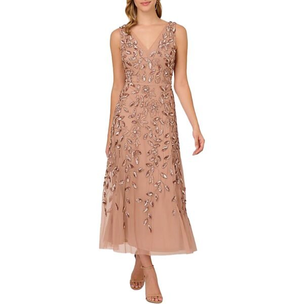 Adrianna Papell Womens   Floral Beaded Sequin Midi Dress - Image 2